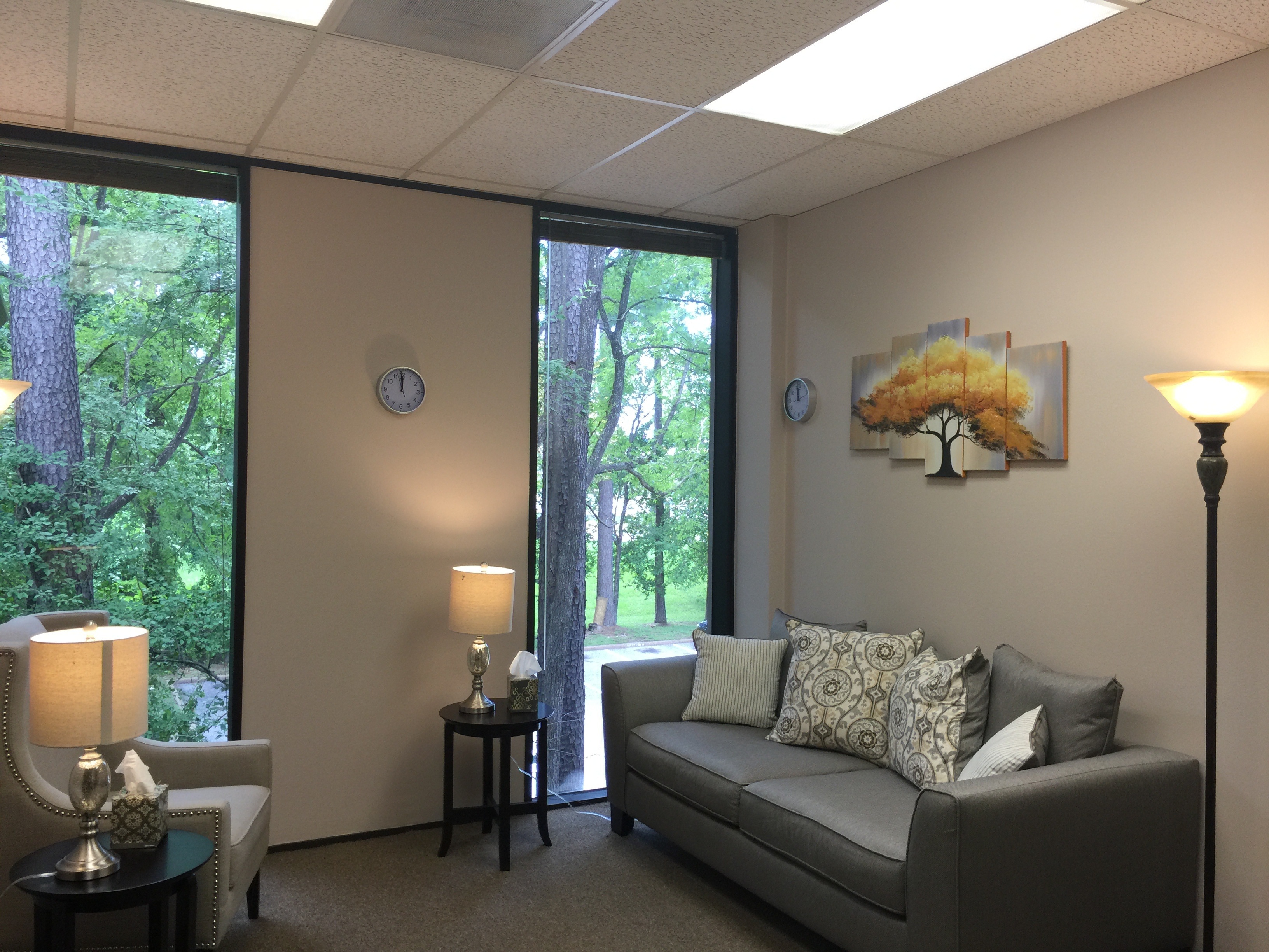 Warm, inviting therapy office with natural wood and soft textiles